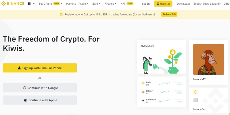 Binance NZ homepage