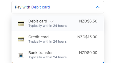 Xe fees for debit and credit card payments